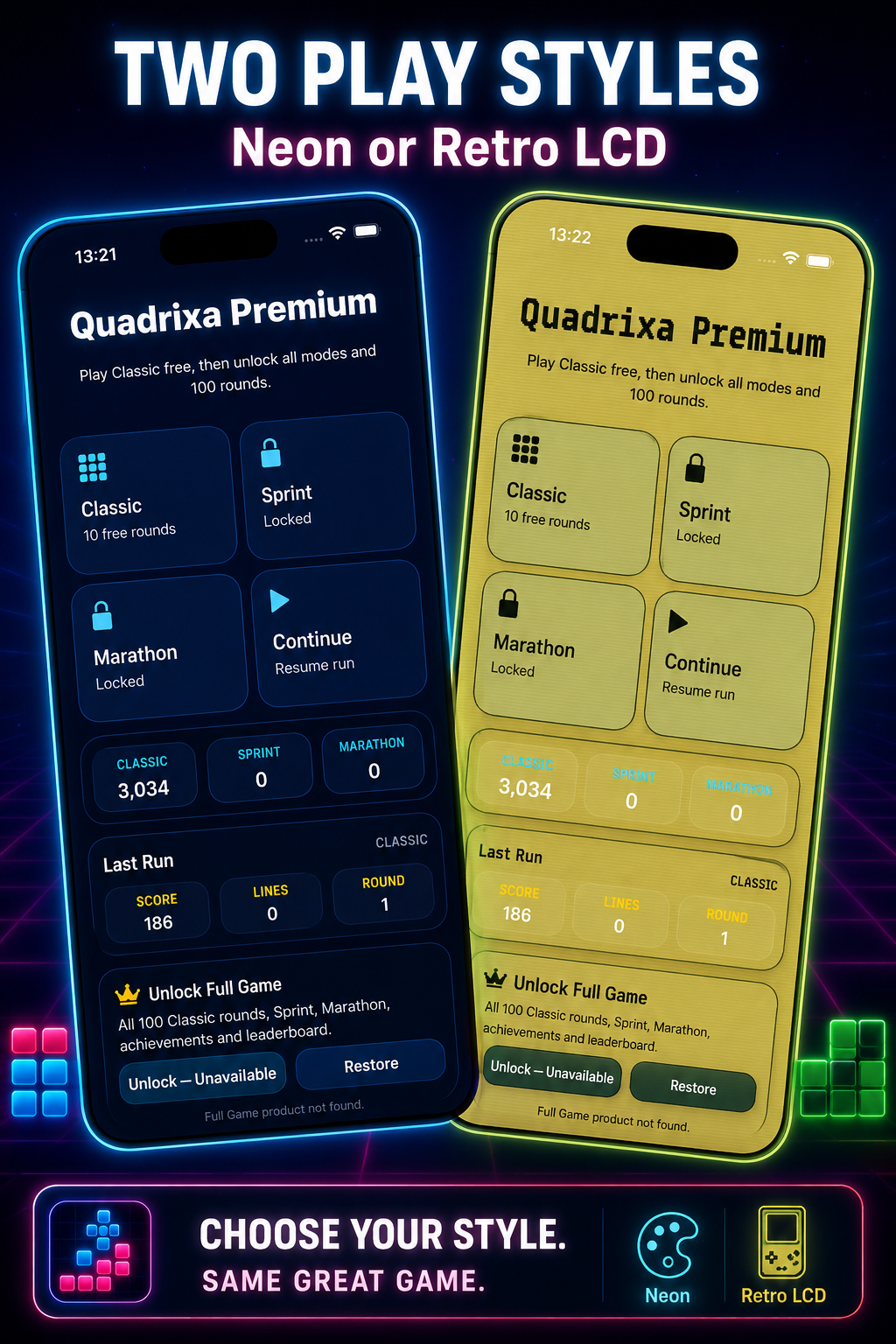 Quadrixa Premium application showcase presenting Neon and Retro LCD play styles