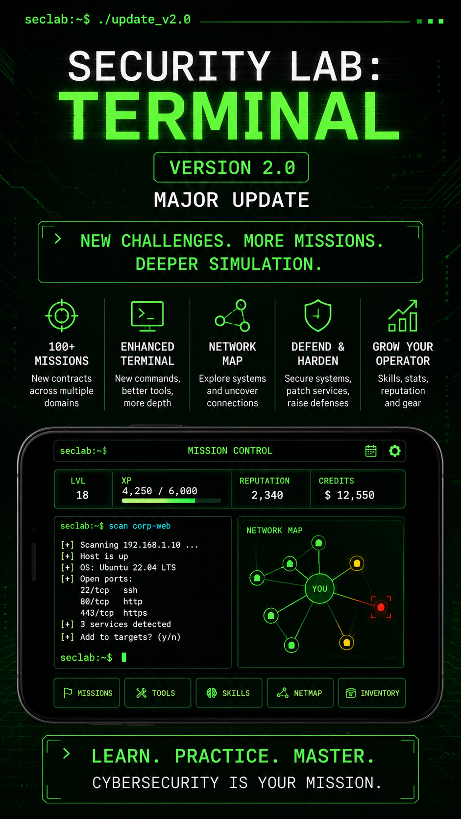 Security Lab Terminal version 2 application showcase with cybersecurity missions and network simulation