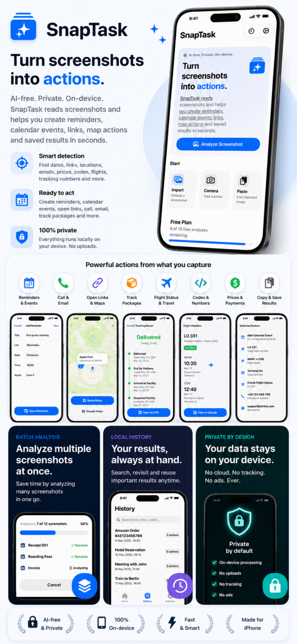 SnapTask application showcase with private on-device screenshot analysis and smart actions