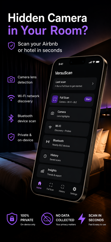 VersuScan application showcase highlighting hidden camera detection, Wi-Fi discovery and Bluetooth scanning